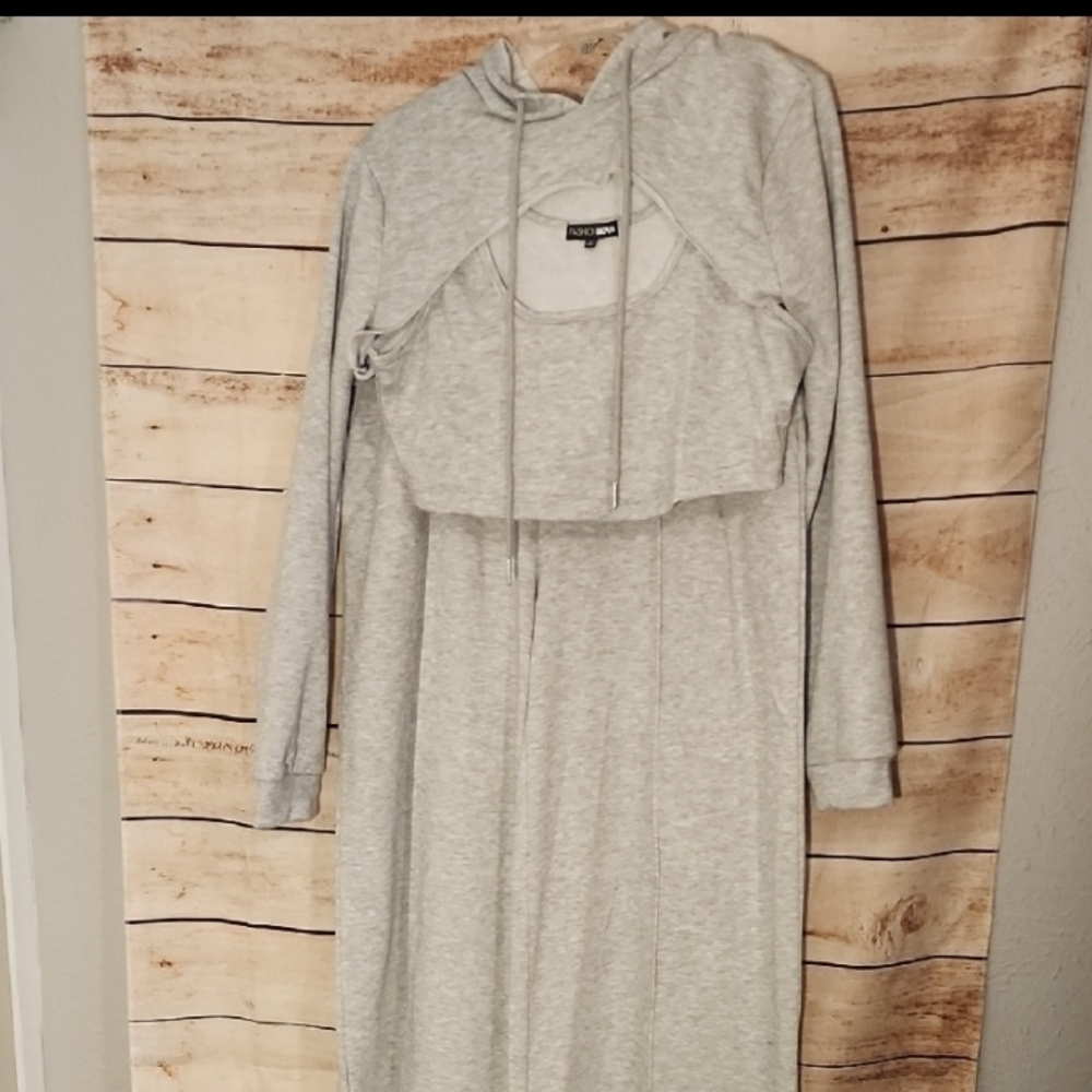 Light Gray Hooded 3 Piece Pant Set with Overlay